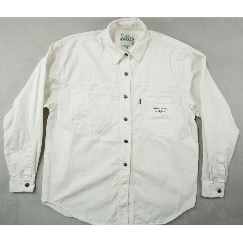 Vintage Levis Shirt Womens Medium White Long Sleeve Metal Button Red Tab 90s